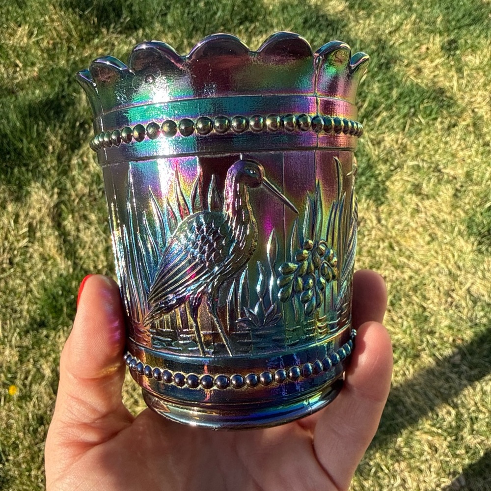 Westmoreland Carnival Glass Bird Tumbler Purple Iridescent with Heron Motif